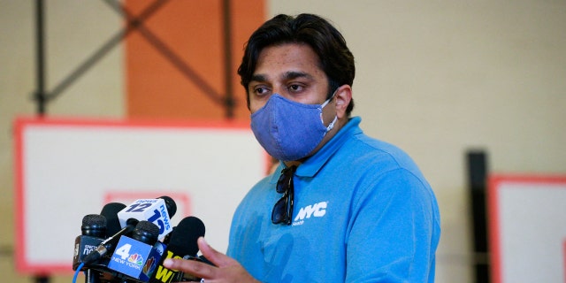 New York City health commissioner Ashwin Vasan speaks to members of the media during a press conference before the opening of a Monkeypox mass vaccination site at the Bushwick Education Campus in Brooklyn on July 17, 2022, in New York City. 