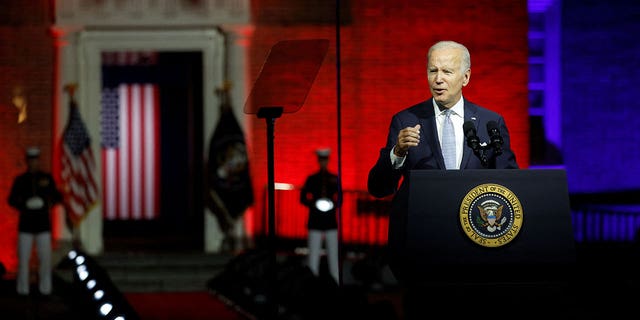 The President of the United States, Joe Biden, delivers a comment on what he calls "continued struggle for the soul of the nation" in front of Independence Hall at Independence National Historical Park, Philadelphia, U.S., September 1, 2022. REUTERS/Jonathan Ernst