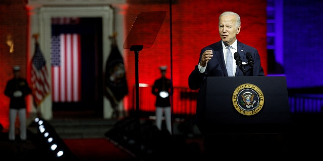 President Joe Biden, protected by bulletproof glass, delivers remarks on what he calls the "continued battle for the Soul of the Nation" in front of Independence Hall at Independence National Historical Park, Philadelphia, U.S., September 1, 2022. 