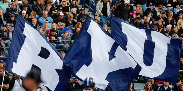 The BYU flag flew during the first half of a college football game between the Cougars and the Oregon State Beavers at Ravel Edwards Stadium in Provo, Utah, on October 13, 2012.