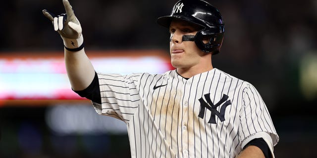Harrison Bader #22 of the New York Yankees reacts after hitting in the sixth inning during a game against the Pittsburgh Pirates at Yankee Stadium in the Bronx, New York City, September 20, 2022.