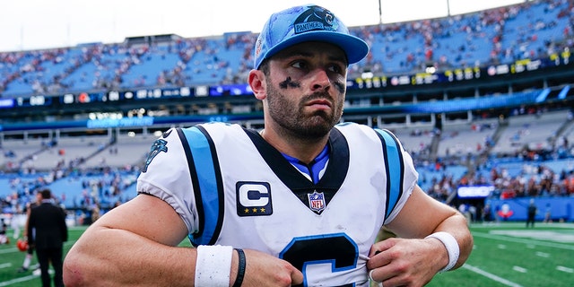 Carolina Panthers quarterback Baker Mayfield leaves the field after their loss against the Cleveland Browns during an NFL football game on Sunday, Sept. 11, 2022, in Charlotte, North Carolina.