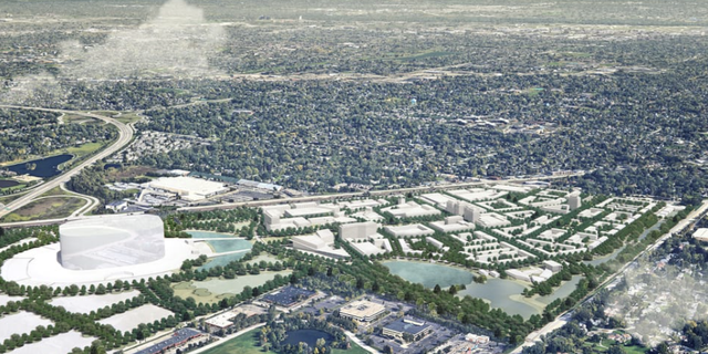 An aerial view of the Chicago Bears' initial plans for a 326-acre site for a new domed stadium at Arlington Park. 