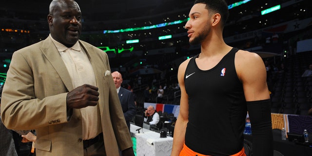 NBA Legend Shaquille O'Neal speaks with Ben Simmons as part of NBA All-Star Weekend at the Staples Center on Feb. 16, 2018, in Los Angeles, California.