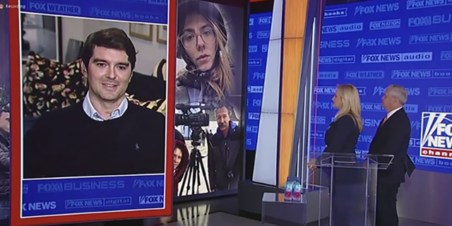 Benjamin Hall appearing remote from London speaking to FOX News Media CEO Suzanne Scott and Fox News President and Executive Editor Jay Wallace at a FOX News Media employee town hall in New York on September 14, alongside pictures of Pierre Zakrzewski and Sasha Kuvshynova.