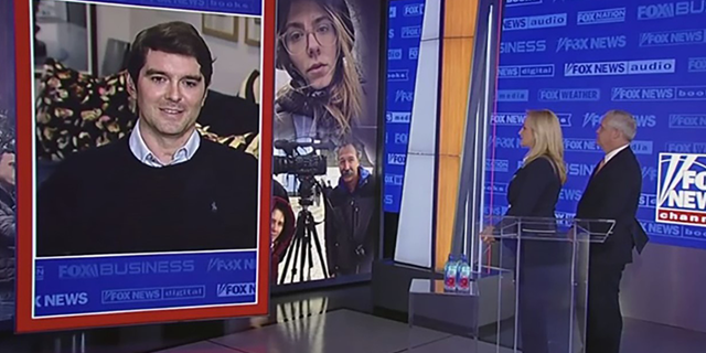 Benjamin Hall appearing remote from London speaking to FOX News Media CEO Suzanne Scott and Fox News President and Executive Editor Jay Wallace at a FOX News Media employee town hall in New York on September 14, alongside pictures of Pierre Zakrzewski and Sasha Kuvshynova.