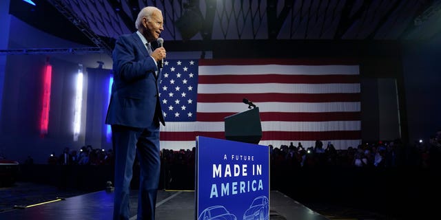 President Joe Biden speaks about electric vehicles during a visit to the Detroit Auto Show, Wednesday, Sept. 14, 2022, in Detroit.  (AP Photo/Evan Vucci)