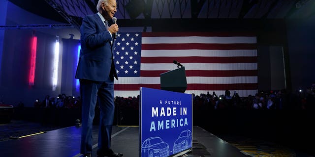 President Joe Biden speaks about electric vehicles during a visit to the Detroit Auto Show on Sept. 14, 2022, in Detroit.