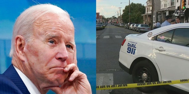 President Biden pictured in an undated photo; Scene of a quadruple shooting on a street corner in Philadelphia leaves one dead, three injured.
