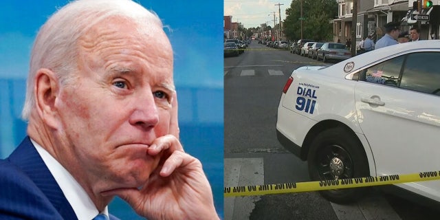 President Biden pictured in an undated photo; Scene of a quadruple shooting on a street corner in Philadelphia leaves one dead, three injured.