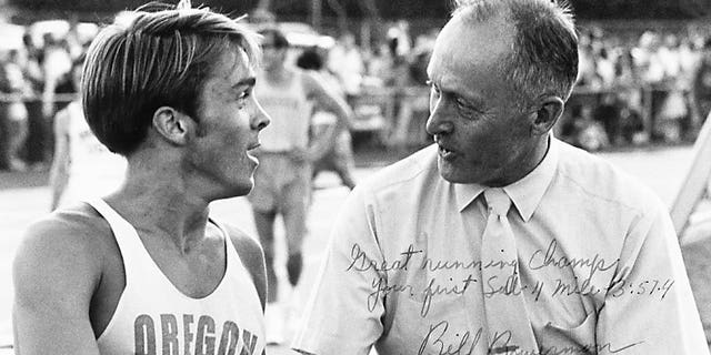 Oregon track coach Bill Bowerman, right, with one of the 16 sub-4-minute mile athletes he coached in his 24 years leading the program.