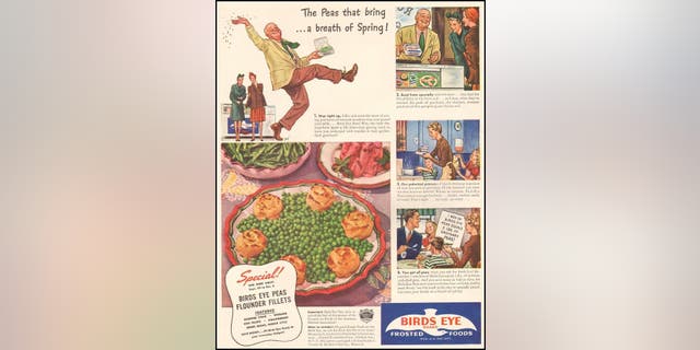 Clarence Birdseye launched Birds Eye Frosted Foods in 1924. "Our patented process of quick freezing imprisons all that just-picked goodness," reads an undated ad for Birds Eye frozen peas.