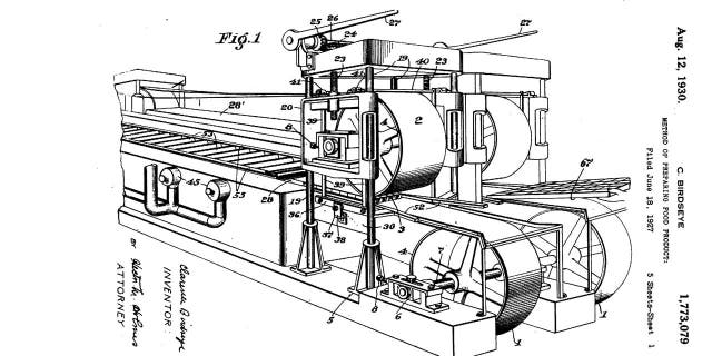 Clarence Birdseye filed for U.S. Patent No. 1,773,079 in 1927, receiving it in 1930. His process would rapidly freeze fish and vegetables so that "the pristine qualities and flavors of the product are retained."