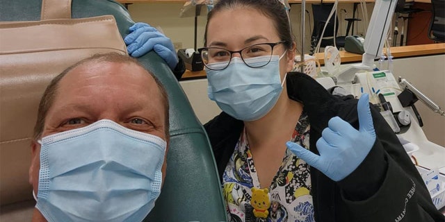 Barnes donated plasma and platelets the day after he arrived in Hawaii, and made a platelet donation (pictured here) the day before he left.