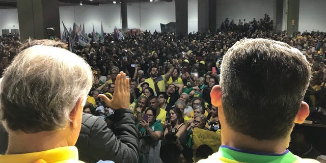 Brazilian President Jair Bolsonaro addressing supporters at a campaign event earlier this week. Photo: David Unsworth for Fox News Digital.