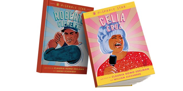 The first two Hispanic Star books for young readers are pictured. One is a profile of standout baseball player and humanitarian Roberto Clemente, while the second is a biography of the "Queen of Salsa," singer Celia Cruz. Six books in all will be published this year, with more rolling out in 2023.
