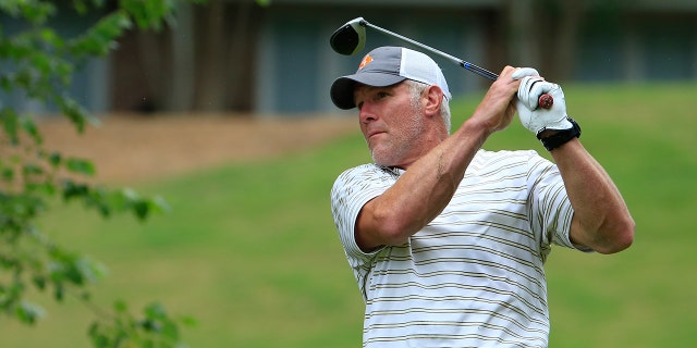 Brett Favre hit the drive on the 12th hole in the first round of the BMW Charity Pro-Am presented by SYNNEX Corporation on June 6, 2019 at the Thornblade Club in Greer, South Carolina.