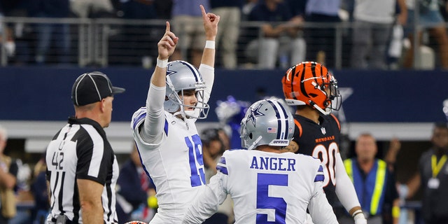 Dallas Cowboys placekicker Brett Maher (19) celebrates his game-winning field goal against the Cincinnati Bengals in Arlington, Texas, on Sept. 18, 2022.