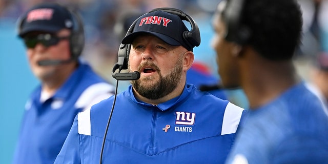 New York Giants head coach Brian Daboll looks on during the second half of an NFL football game against the Tennessee Titans on Sunday, Sept. 11, 2022, in Nashville.
