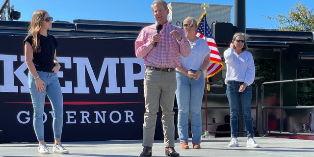 Republican Gov. Brian Kemp of Georgia speaks at a re-election rally on Sept. 27, 2022, in Alpharetta, Georgia 