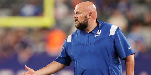 Head coach Brian Daboll of the New York Giants reacts during the Cincinnati Bengals game at MetLife Stadium on Aug. 21, 2022, in East Rutherford, New Jersey.