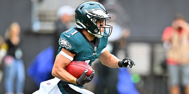  Wide receiver Britain Covey, #41 of the Philadelphia Eagles, runs for a gain during the first quarter of a preseason game against the Cleveland Browns at FirstEnergy Stadium on Aug. 21, 2022 in Cleveland.