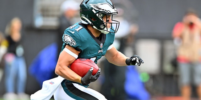 Wide receiver Britain Covey, #41 of the Philadelphia Eagles, runs for a gain during the first quarter of a preseason game against the Cleveland Browns at FirstEnergy Stadium on Aug. 21, 2022 in Cleveland.