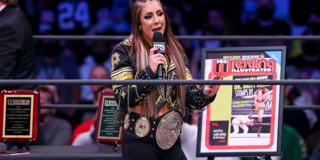 Dr. Britt Baker, D.M.D. addresses the crowd during AEW Dynamite - Beach Break on January 26, 2022, at the Wolstein Center in Cleveland.