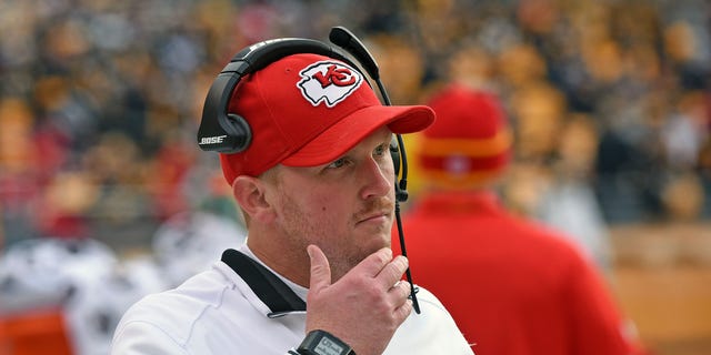 Britt Reid, of the Kansas City Chiefs, looks on from the sideline before a game against the Steelers at Heinz Field on Dec. 21, 2014, in Pittsburgh.