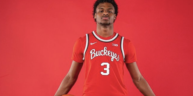 lebron "Bronny" James Jr. poses in an Ohio State Buckeyes jersey.