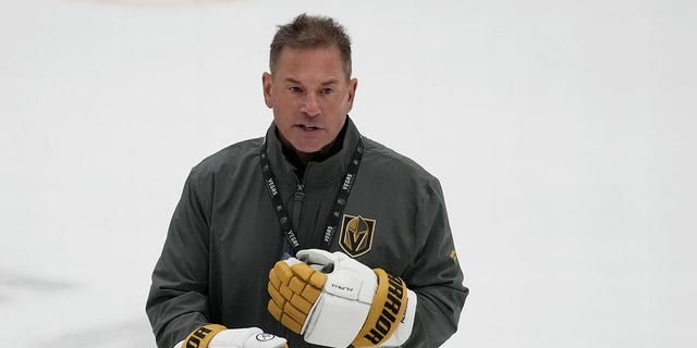 Vegas Golden Knights coach Bruce Cassidy motions during the team's NHL hockey practice Thursday, Sept.  22, 2022, in Las Vegas.