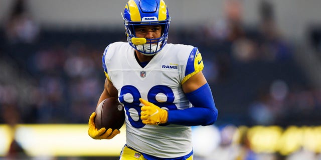 Los Angeles Rams tight end Brycen Hopkins runs after the catch during an NFL preseason football game against the Los Angeles Chargers Aug. 13, 2022, at SoFi Stadium in Inglewood, Calif.