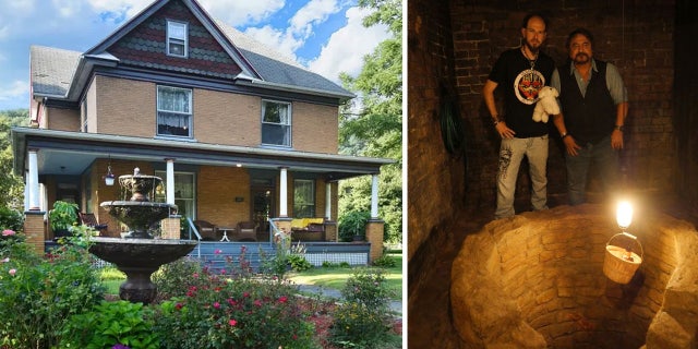 Buffalo Bill's House next to 'Silence of the Lambs' replica well. The home's owner Chris Rowan stands next to make-up artist Tom Savini.