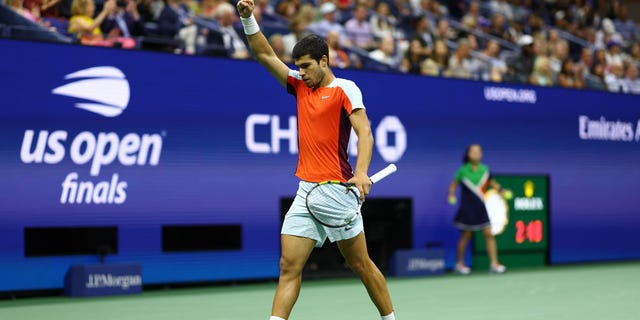 Carlos Alcaraz of Spain celebrates winning the third set tiebreak against Casper Ruud of Norway during their men’s singles finals match of the 2022 U.S. Open at USTA Billie Jean King National Tennis Center Sept. 11, 2022, in the Flushing neighborhood of the Queens borough of New York City.