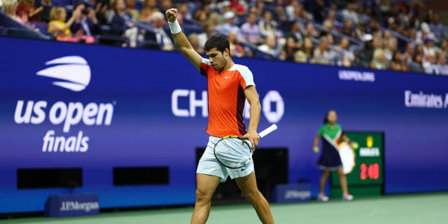 Carlos Alcaraz of Spain celebrates winning the third set tiebreak against Casper Ruud of Norway during their men’s singles finals match of the 2022 U.S. Open at USTA Billie Jean King National Tennis Center Sept. 11, 2022, in the Flushing neighborhood of the Queens borough of New York City.