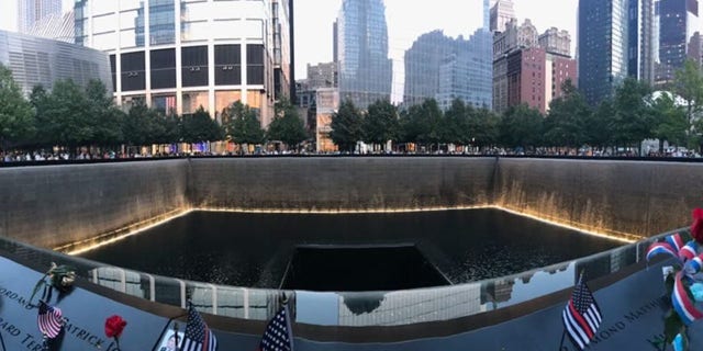 The 9/11 Memorial Pool in Lower Manhattan is shown here on September 11, 2019. Americans of all walks of life are again honoring all those lost during the terror attacks in the U.S. on Sept. 11, 2001.