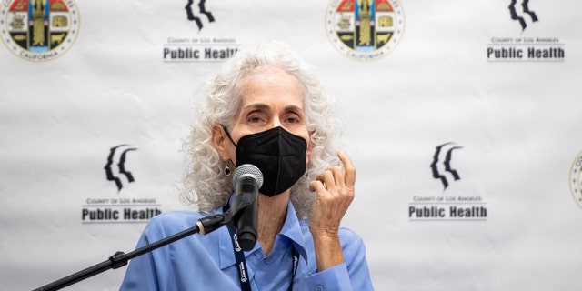 Encino, CA - September 08: Los Angeles County Department of Public Health Director Barbara Ferrer holds an in-person media briefing on COVID-19 at the Balboa Sports Complex vaccine site in Encino on Sept., 2022 where the new bivalent COVID-19 booster and monkeypox vaccine are being offered. 