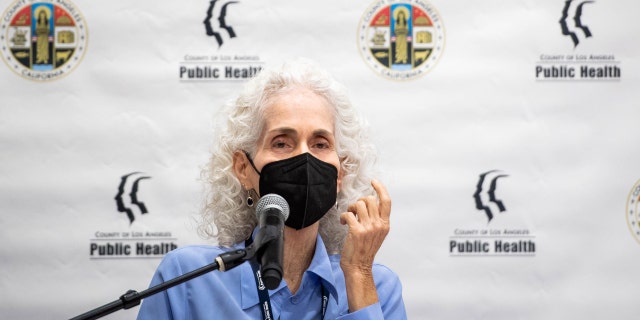 Encino, CA - September 08: Los Angeles County Department of Public Health Director Barbara Ferrer holds an in-person media briefing on COVID-19 at the Balboa Sports Complex vaccine site in Encino on Sept., 2022 where the new bivalent COVID-19 booster and monkeypox vaccine are being offered.