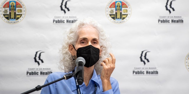 Encino, CA - SEPTEMBER 8: Los Angeles County Public Health Director Barbara Feller holds an in-person media briefing on COVID-19 at the Balboa Sports Complex Vaccine Site in Encino in September 2022 to discuss the new bivalent COVID-19 vaccine. Boosters and monkeypox vaccines are provided. 