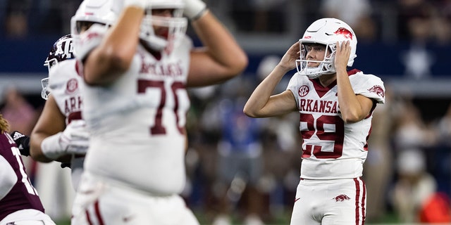 Arkansas' Cam Little reacts after missing a field goal Saturday, Sept. 24, 2022, in Arlington, Texas.