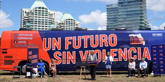 Fred Guttenberg, whose daughter Jaime was killed in the Marjory Stoneman Douglas High School shootings in 2018, speaks at the kick off of the Giffords Florida bus tour, Thursday, Sept. 8, 2022, in Miami. Giffords Florida was launched by Giffords, the national gun violence prevention organization led by former Rep. Gabrielle Giffords of Arizona, in support of Florida candidates to end gun violence. (AP Photo/Lynne Sladky)