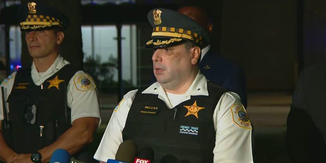 Chicago Police Department Deputy Chief Fred Melean provides preliminary information to reporters after a shooting left one person dead and six people injured.