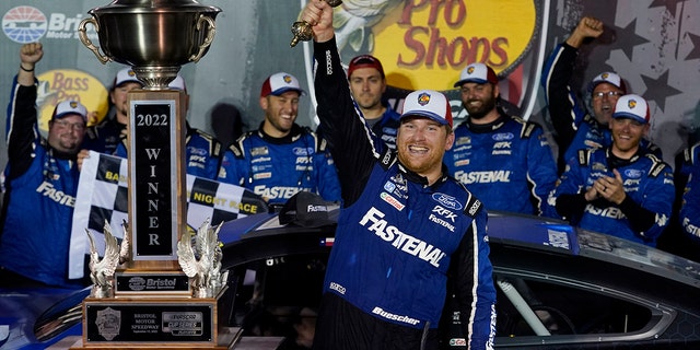 Chris Buescher celebrates after winning at Bristol Motor Speedway Saturday, Sept. 17, 2022, in Bristol, Tennessee.