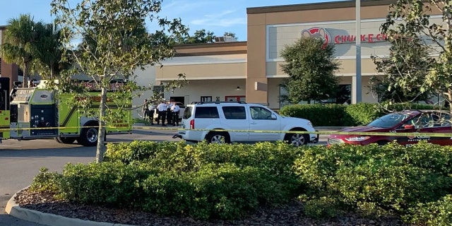 Wide angle of the fight, shooting and crash scene outside a Florida Chuck E. Cheese on Saturday, Sept. 24, 2022.