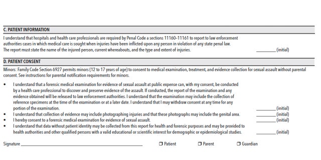 This is the portion of the California Governor's Office of Emergency Services consent form victims sign when submitting their DNA evidence for a sex assault investigation.