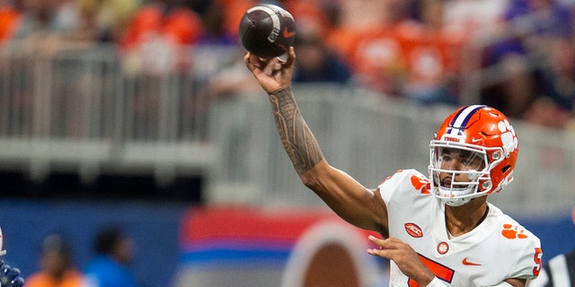 Clemson quarterback DJ Uiagalelei throws in the second half of an NCAA college football game against Georgia Tech Monday, Sept. 5, 2022, in Atlanta. 