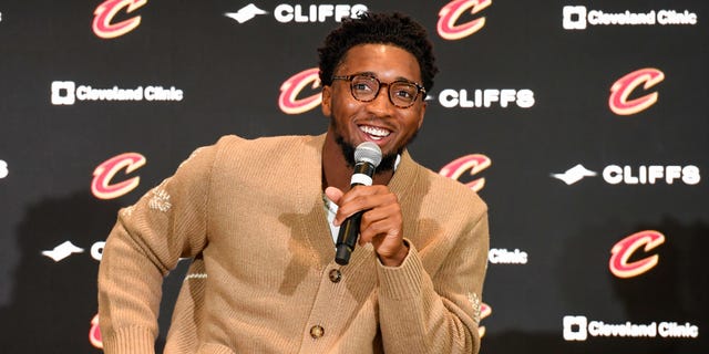 Donovan Mitchell speaks during a press conference where he was introduced as a member of the Cleveland Cavaliers at Rocket Mortgage FieldHouse in Cleveland on Sept. 14, 2022.