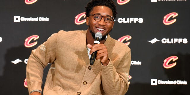 Donovan Mitchell speaks during a press conference where he was introduced as a member of the Cleveland Cavaliers at Rocket Mortgage FieldHouse in Cleveland on Sept. 14, 2022.
