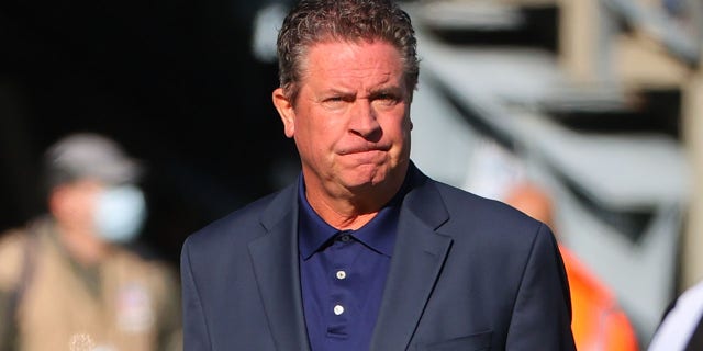 NFL Hall of Fame player Dan Marino on the field prior to a game between the New York Jets and Miami Dolphins Nov. 21, 2021, at MetLife Stadium in East Rutherford, N.J.