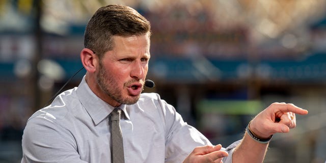 ESPN host Dan Orlovsky makes a point during an ESPN Super Bowl preview show broadcast from Disney California Adventure in Anaheim Feb. 10, 2022. 